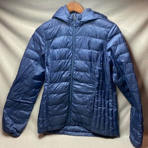 Heatk weatherproof packable down coat with detachable hood blue size medium - Picture 1 of 4